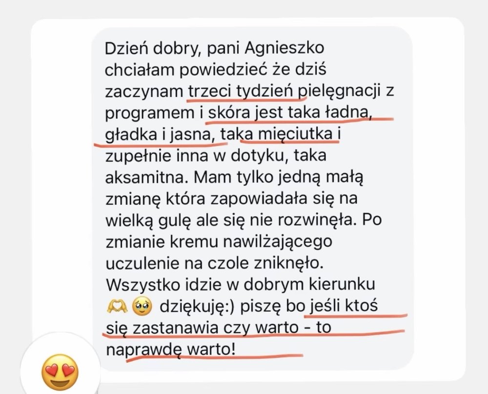 Wiadomość od klientki po trzech tygodniach pielęgnacji